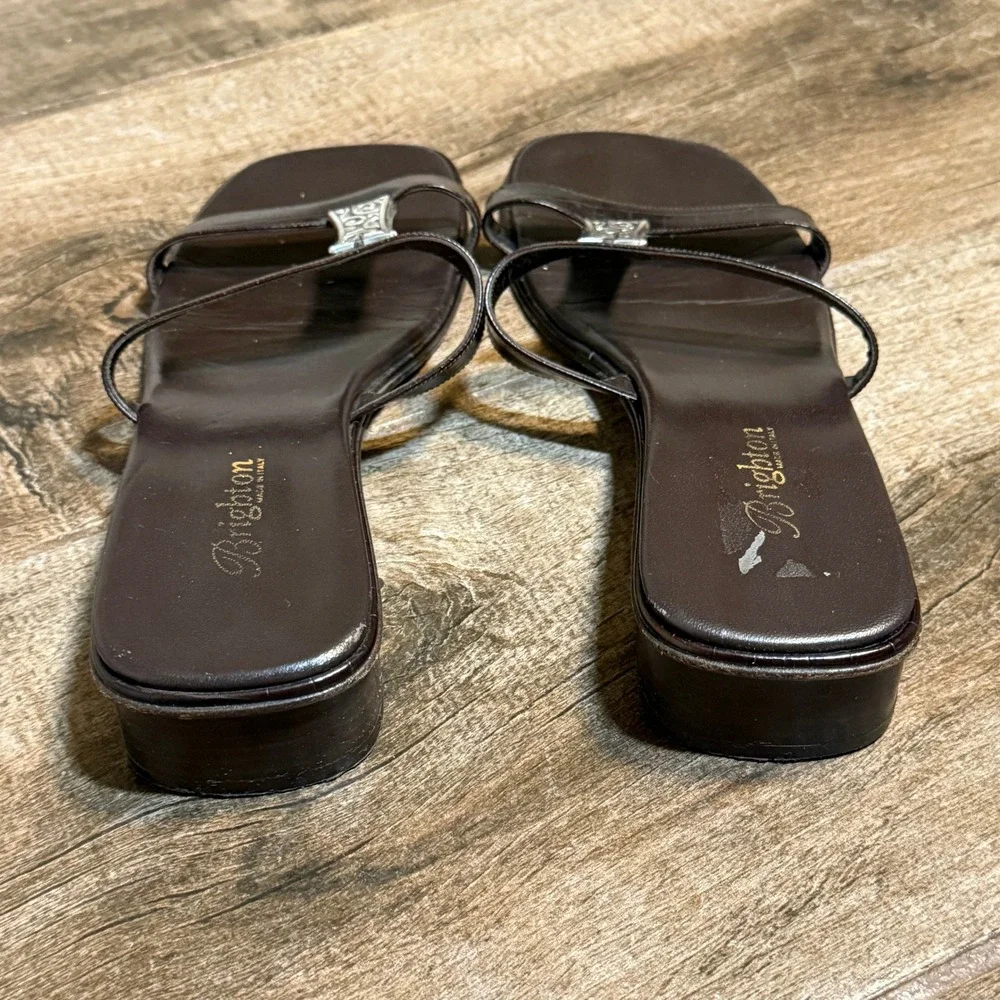 Brighton Dark Brown Croc-Trim Slide Sandals with Silver-Tone Accent